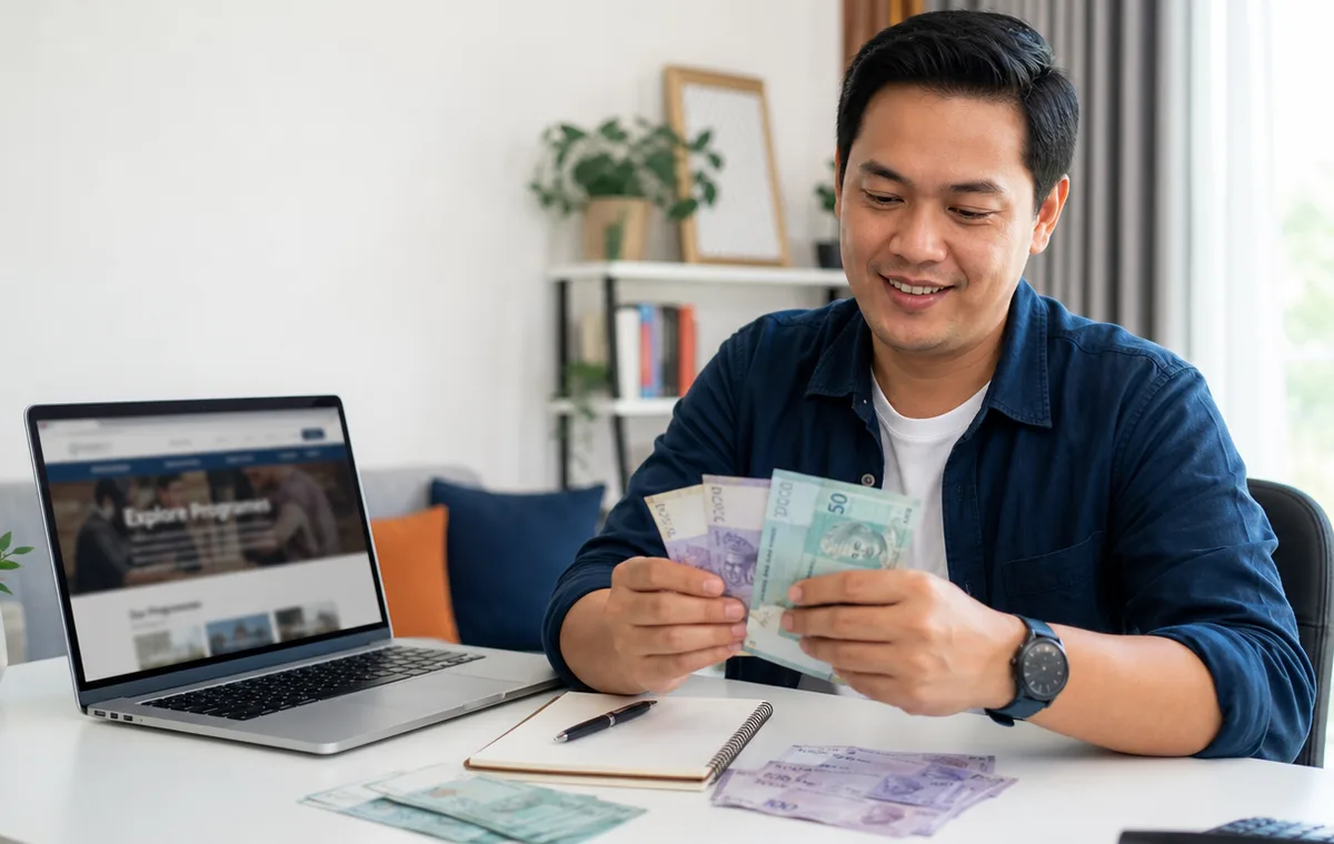 Lelaki menyemak yuran Program Eksekutif KTAC dengan wang tunai dan komputer riba